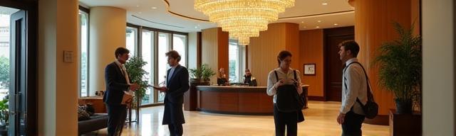 Hotel lobby with business travellers